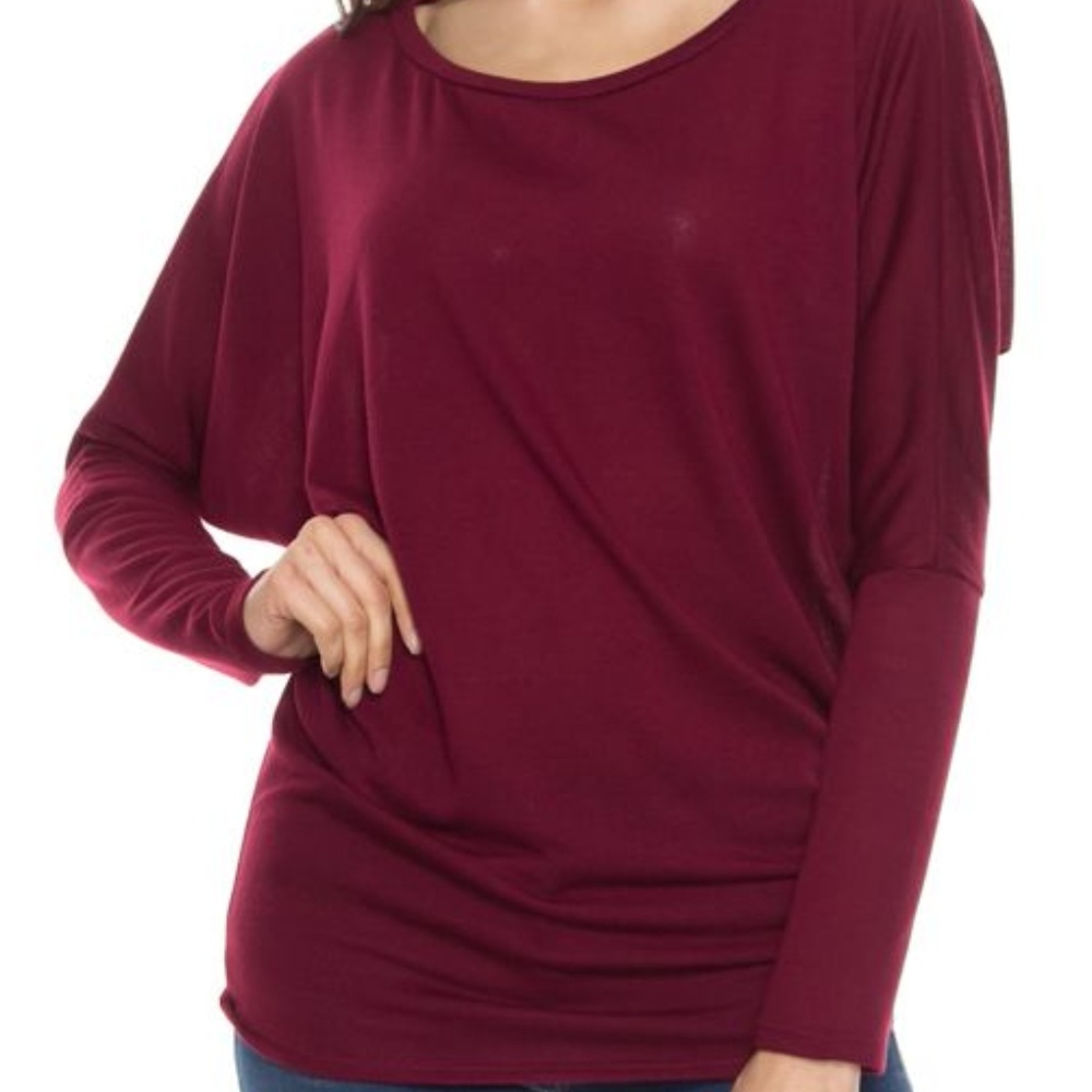Solid Round Neck Dolman Sleeve Knit Top - Burgundy